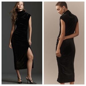 Anthropologie Black Velvet Ruched Midi Dress